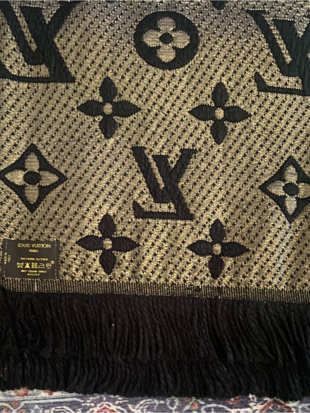 New Navy and Beige Monogram Wool Scarf - Picture 9 of 10